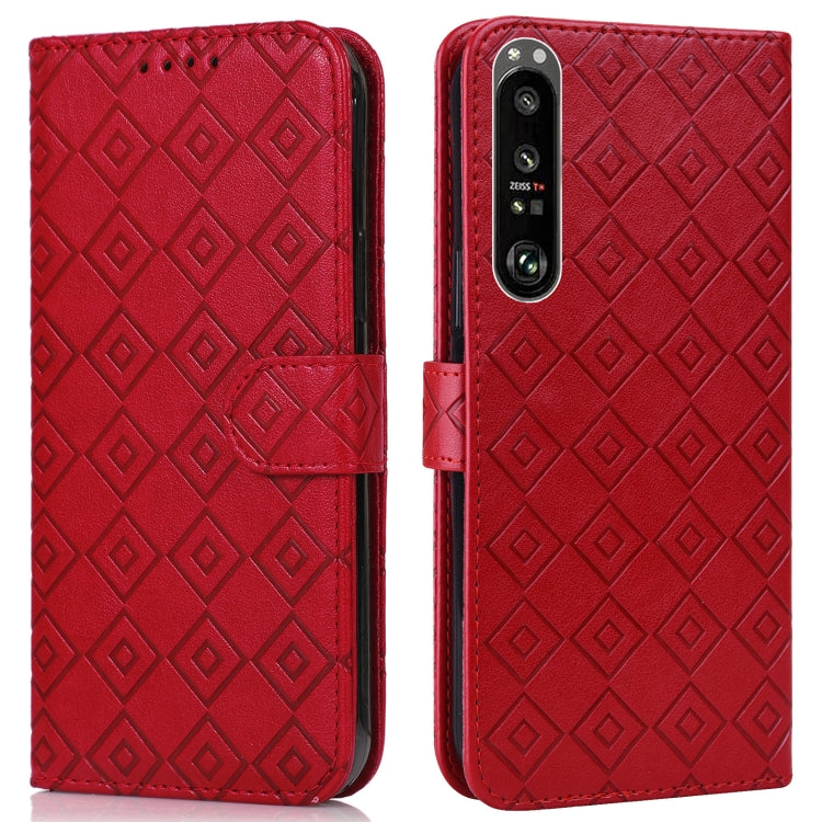 For Sony Xperia 1 III Embossed Big Small Concentric Squares Pattern Horizontal Flip Leather Case with Card Slot & Holder & Wallet