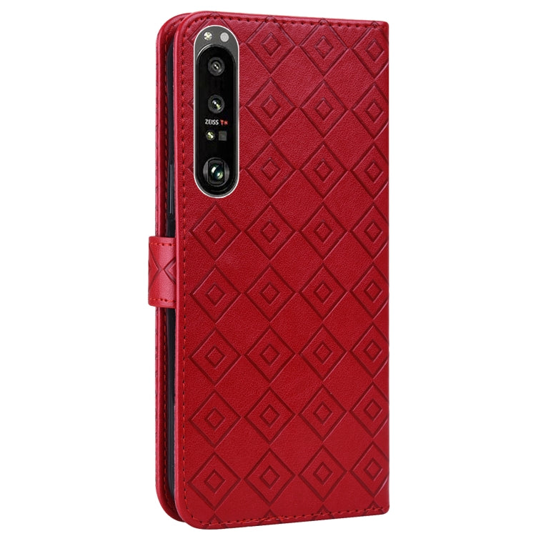 For Sony Xperia 1 III Embossed Big Small Concentric Squares Pattern Horizontal Flip Leather Case with Card Slot & Holder & Wallet