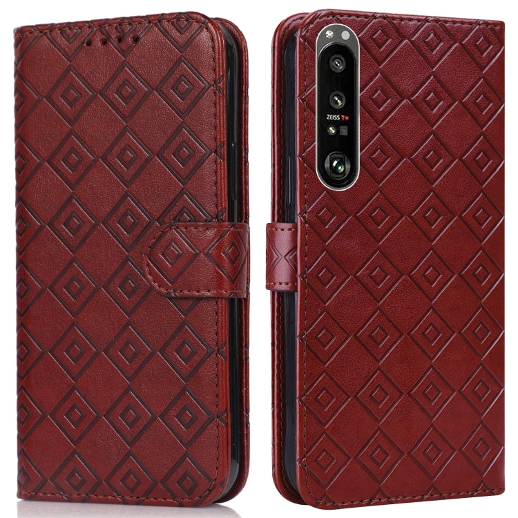 For Sony Xperia 1 III Embossed Big Small Concentric Squares Pattern Horizontal Flip Leather Case with Card Slot & Holder & Wallet