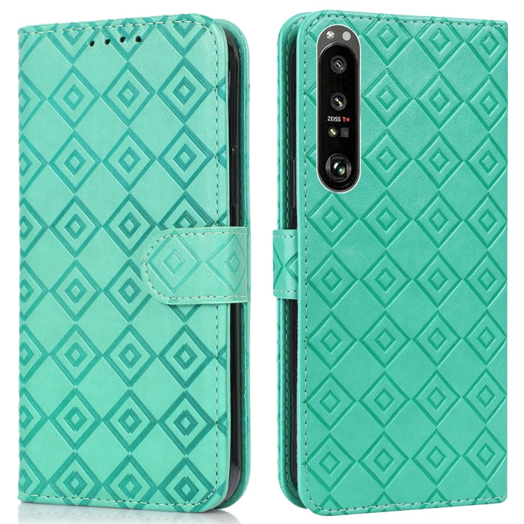 For Sony Xperia 1 III Embossed Big Small Concentric Squares Pattern Horizontal Flip Leather Case with Card Slot & Holder & Wallet