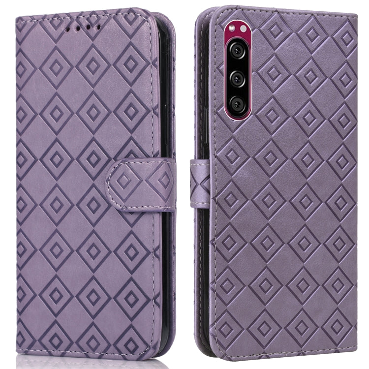 For Sony Xperia 5 Embossed Big Small Concentric Squares Pattern Horizontal Flip Leather Case with Card Slot & Holder & Wallet