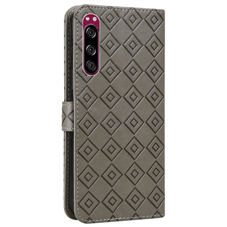 For Sony Xperia 5 Embossed Big Small Concentric Squares Pattern Horizontal Flip Leather Case with Card Slot & Holder & Wallet