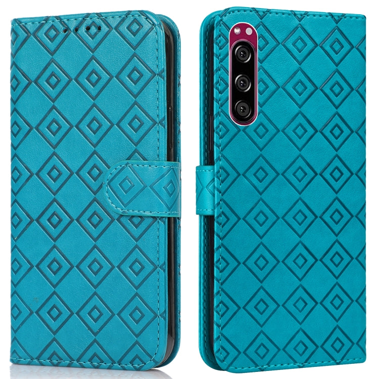 For Sony Xperia 5 Embossed Big Small Concentric Squares Pattern Horizontal Flip Leather Case with Card Slot & Holder & Wallet