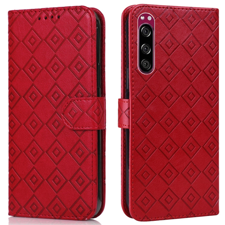 For Sony Xperia 5 Embossed Big Small Concentric Squares Pattern Horizontal Flip Leather Case with Card Slot & Holder & Wallet