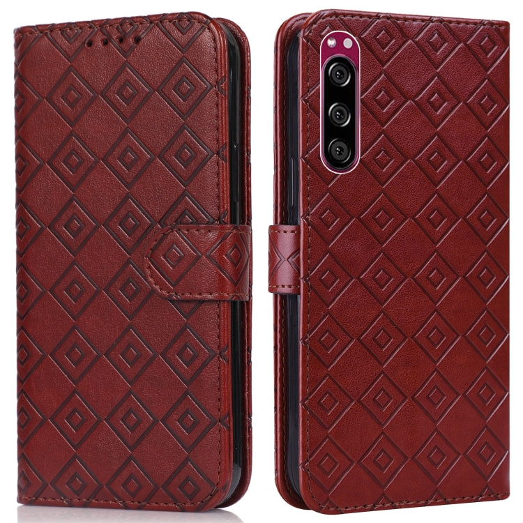 For Sony Xperia 5 Embossed Big Small Concentric Squares Pattern Horizontal Flip Leather Case with Card Slot & Holder & Wallet