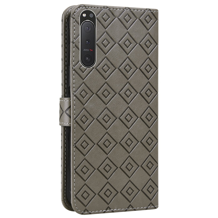 For Sony Xperia 5 II Embossed Big Small Concentric Squares Pattern Horizontal Flip Leather Case with Card Slot & Holder & Wallet