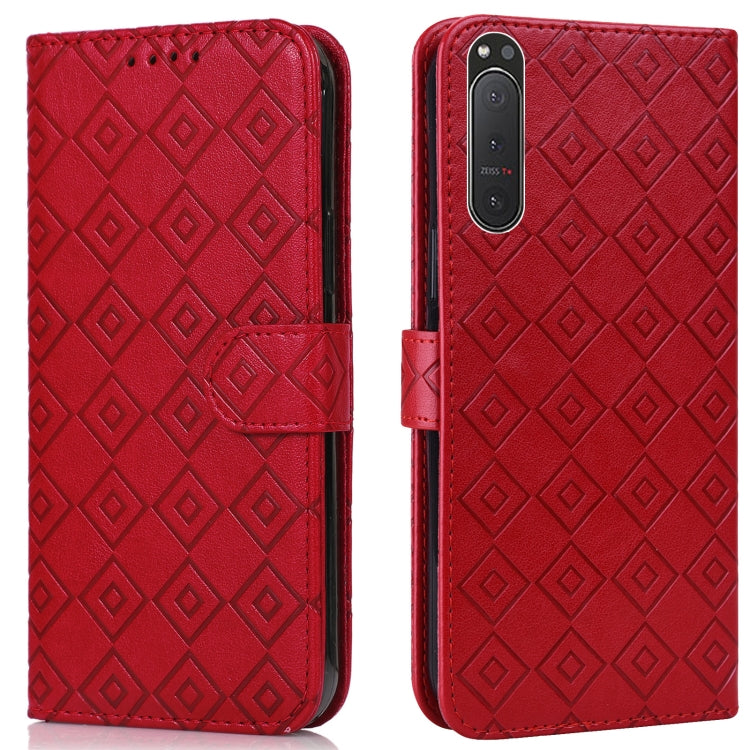 For Sony Xperia 5 II Embossed Big Small Concentric Squares Pattern Horizontal Flip Leather Case with Card Slot & Holder & Wallet