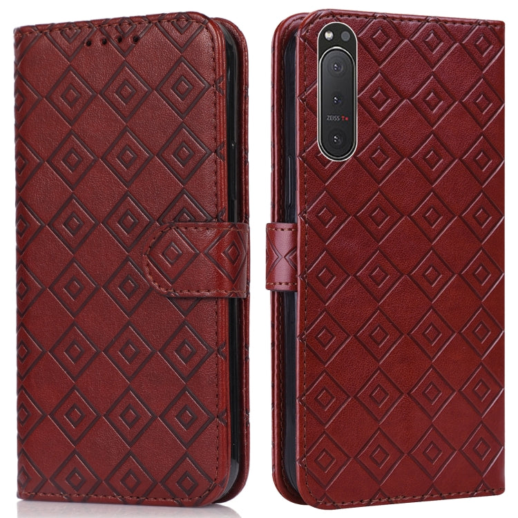 For Sony Xperia 5 II Embossed Big Small Concentric Squares Pattern Horizontal Flip Leather Case with Card Slot & Holder & Wallet