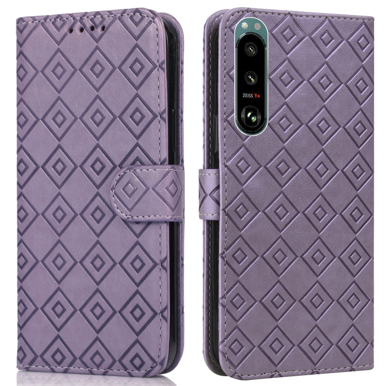 For Sony Xperia 5 III Embossed Big Small Concentric Squares Pattern Horizontal Flip Leather Case with Card Slot & Holder & Wallet
