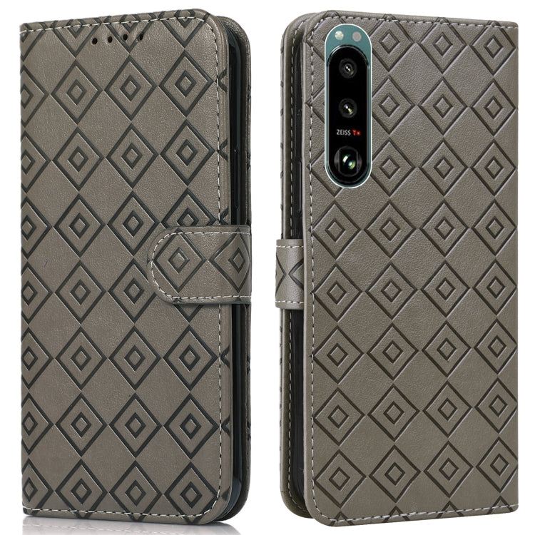 For Sony Xperia 5 III Embossed Big Small Concentric Squares Pattern Horizontal Flip Leather Case with Card Slot & Holder & Wallet