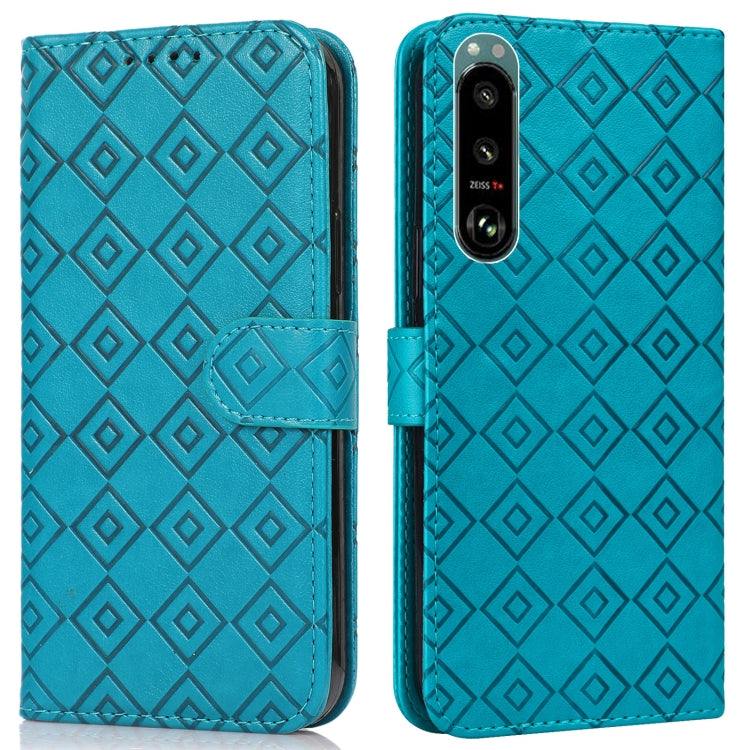 For Sony Xperia 5 III Embossed Big Small Concentric Squares Pattern Horizontal Flip Leather Case with Card Slot & Holder & Wallet