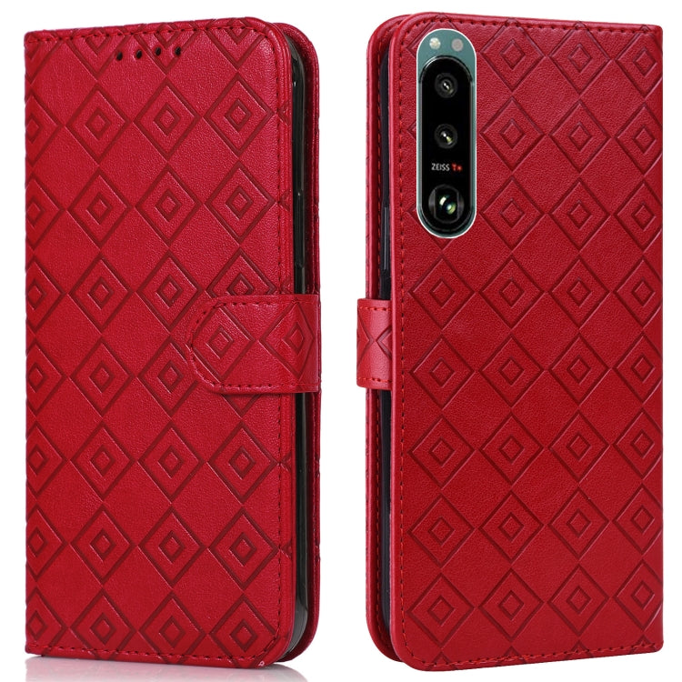 For Sony Xperia 5 III Embossed Big Small Concentric Squares Pattern Horizontal Flip Leather Case with Card Slot & Holder & Wallet