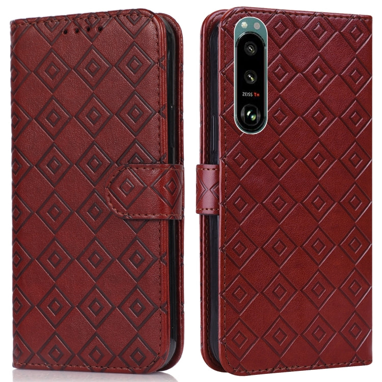 For Sony Xperia 5 III Embossed Big Small Concentric Squares Pattern Horizontal Flip Leather Case with Card Slot & Holder & Wallet