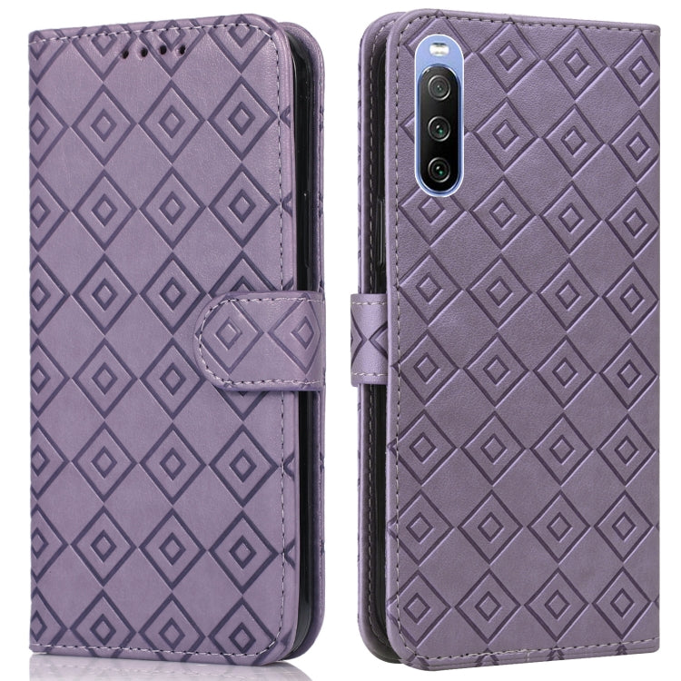 For Sony Xperia 10 III Embossed Big Small Concentric Squares Pattern Horizontal Flip Leather Case with Card Slot & Holder & Wallet