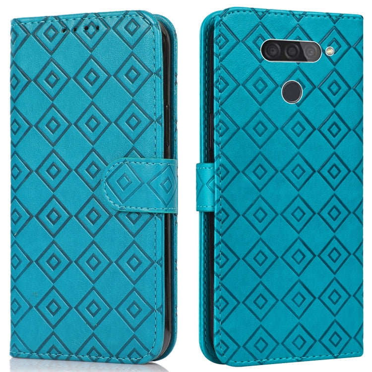 For LG Q70 Embossed Big Small Concentric Squares Pattern Horizontal Flip Leather Case with Card Slot & Holder & Wallet