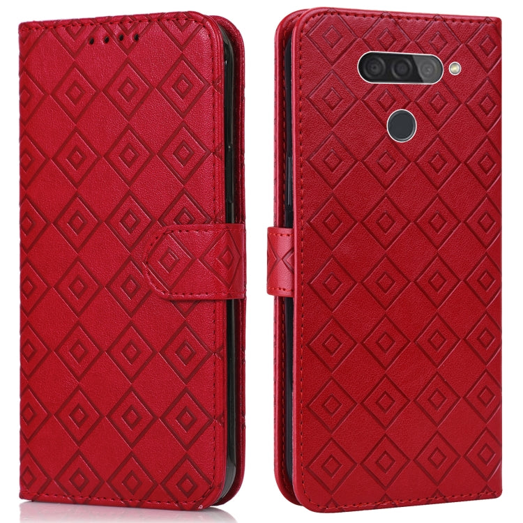 For LG Q70 Embossed Big Small Concentric Squares Pattern Horizontal Flip Leather Case with Card Slot & Holder & Wallet