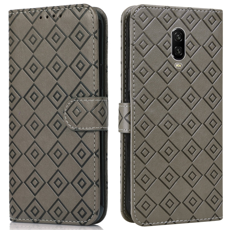 For OnePlus 6T Embossed Big Small Concentric Squares Pattern Horizontal Flip Leather Case with Card Slot & Holder & Wallet