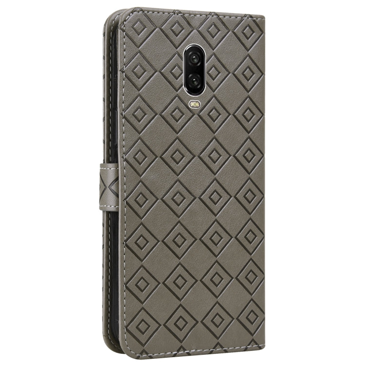 For OnePlus 6T Embossed Big Small Concentric Squares Pattern Horizontal Flip Leather Case with Card Slot & Holder & Wallet