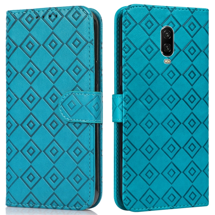 For OnePlus 6T Embossed Big Small Concentric Squares Pattern Horizontal Flip Leather Case with Card Slot & Holder & Wallet