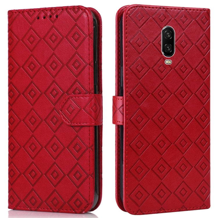 For OnePlus 6T Embossed Big Small Concentric Squares Pattern Horizontal Flip Leather Case with Card Slot & Holder & Wallet