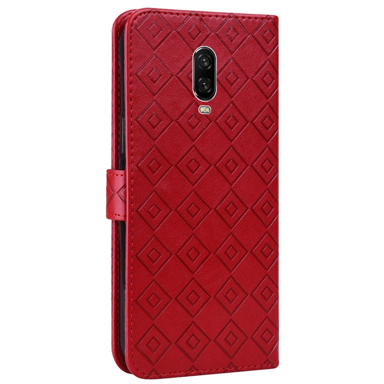 For OnePlus 6T Embossed Big Small Concentric Squares Pattern Horizontal Flip Leather Case with Card Slot & Holder & Wallet