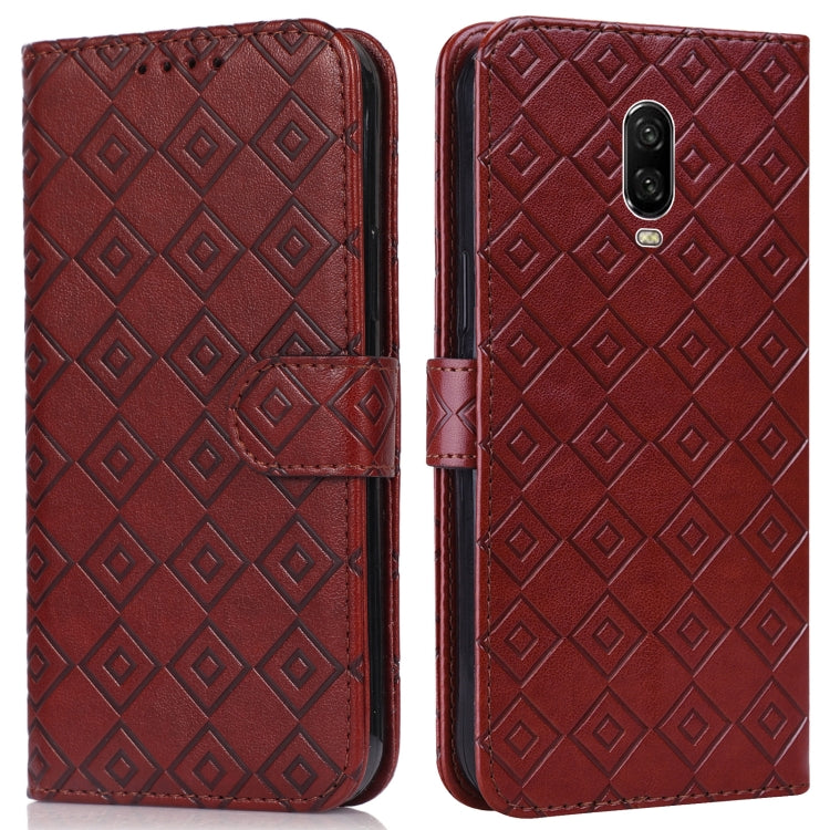 For OnePlus 6T Embossed Big Small Concentric Squares Pattern Horizontal Flip Leather Case with Card Slot & Holder & Wallet