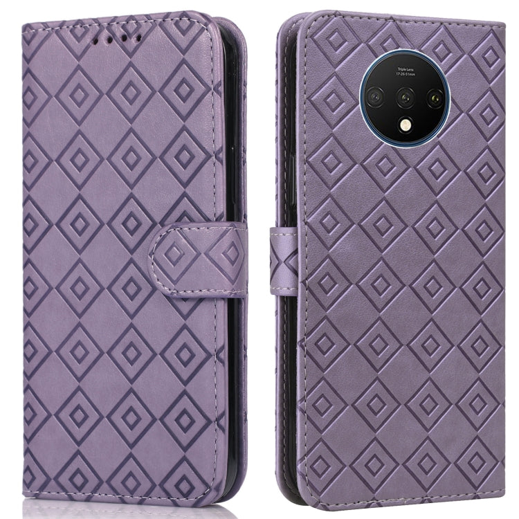 For OnePlus 7T Embossed Big Small Concentric Squares Pattern Horizontal Flip Leather Case with Card Slot & Holder & Wallet
