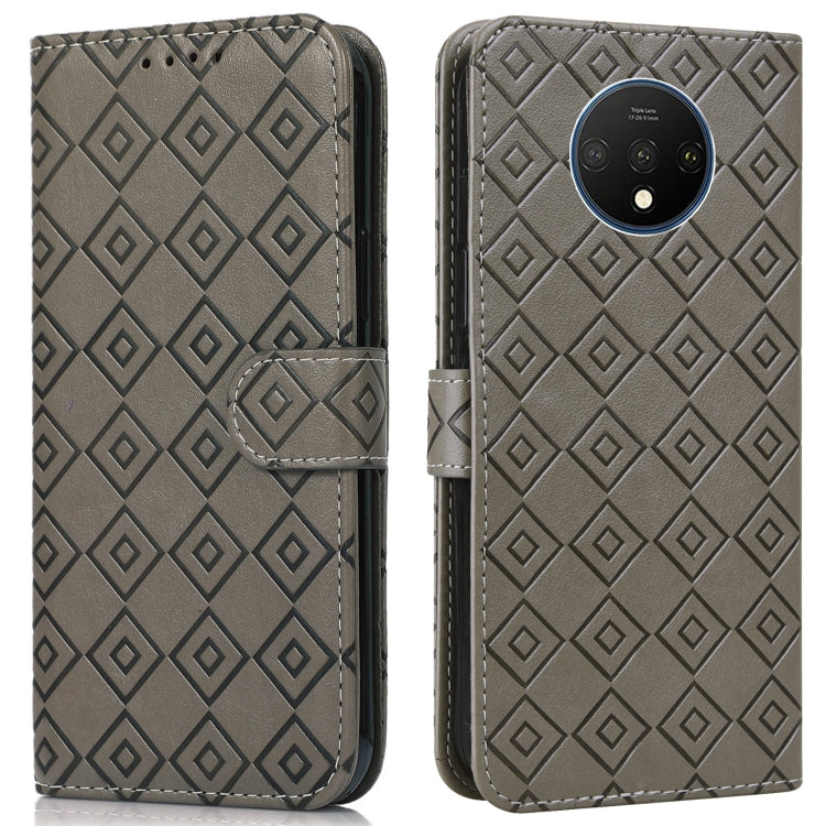 For OnePlus 7T Embossed Big Small Concentric Squares Pattern Horizontal Flip Leather Case with Card Slot & Holder & Wallet