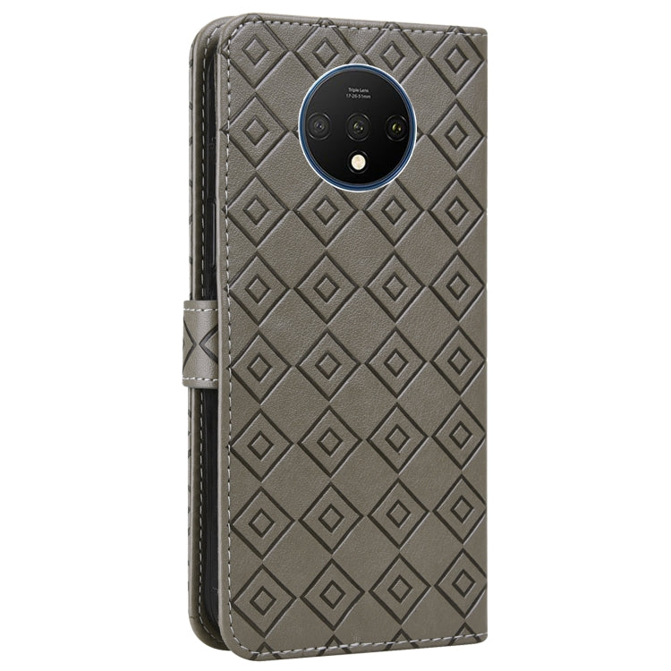 For OnePlus 7T Embossed Big Small Concentric Squares Pattern Horizontal Flip Leather Case with Card Slot & Holder & Wallet