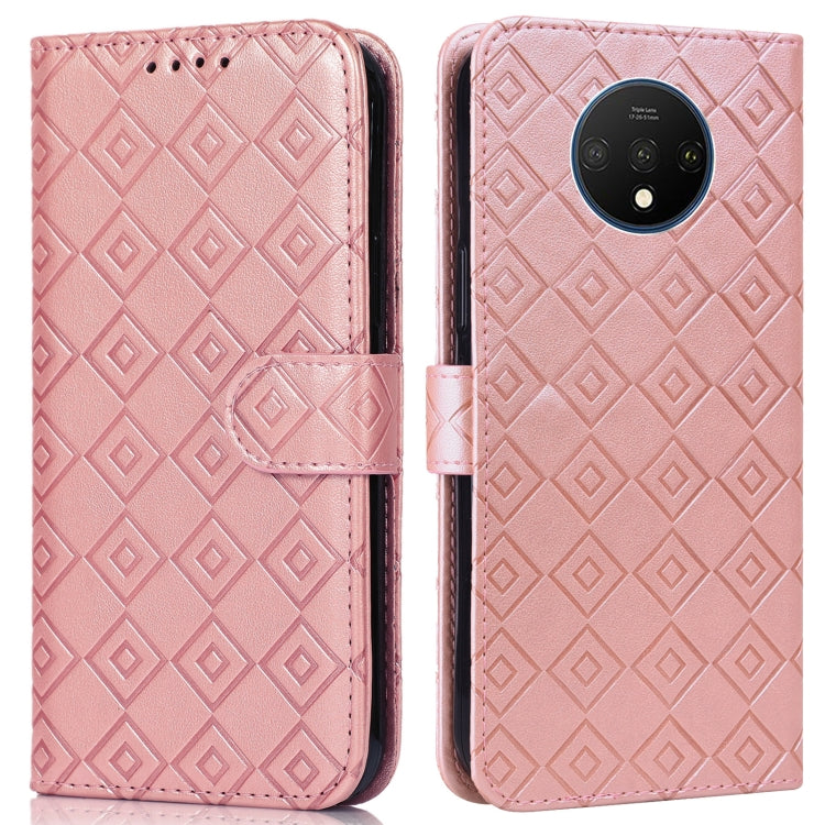 For OnePlus 7T Embossed Big Small Concentric Squares Pattern Horizontal Flip Leather Case with Card Slot & Holder & Wallet