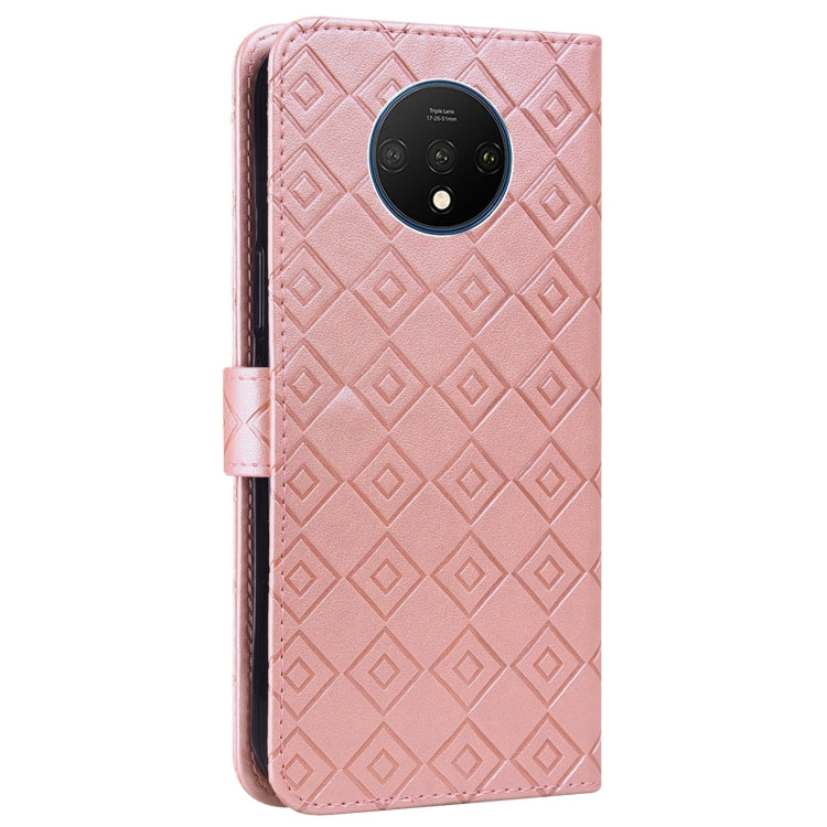 For OnePlus 7T Embossed Big Small Concentric Squares Pattern Horizontal Flip Leather Case with Card Slot & Holder & Wallet