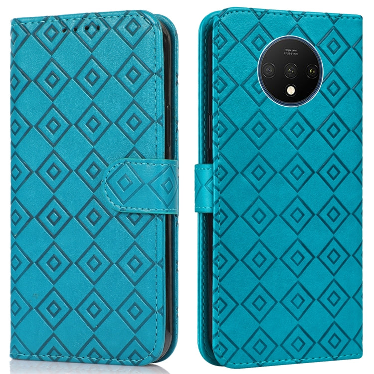 For OnePlus 7T Embossed Big Small Concentric Squares Pattern Horizontal Flip Leather Case with Card Slot & Holder & Wallet
