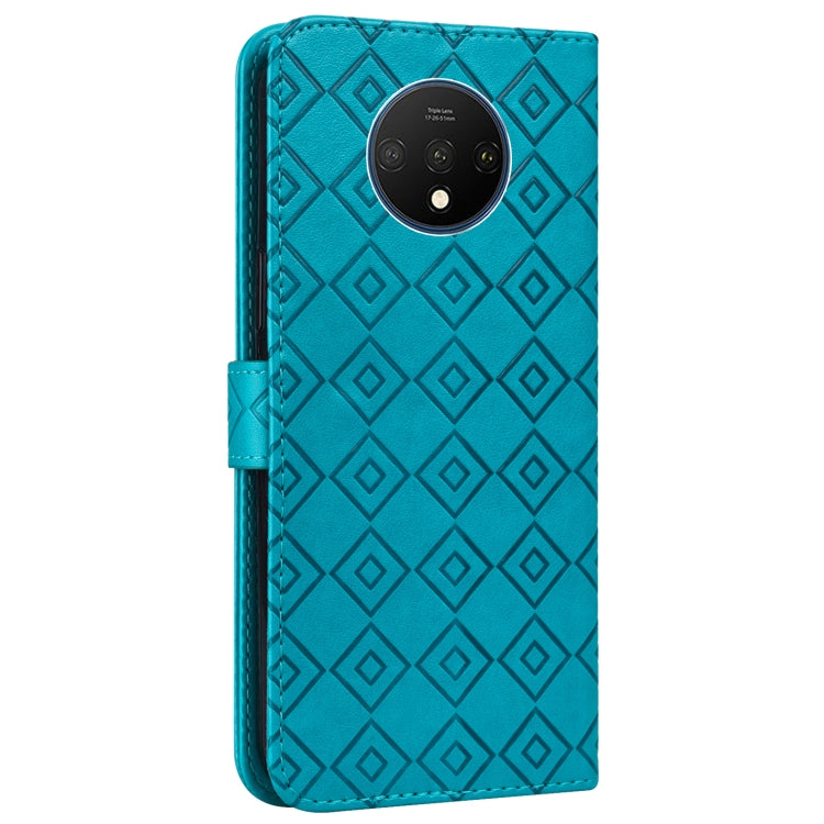 For OnePlus 7T Embossed Big Small Concentric Squares Pattern Horizontal Flip Leather Case with Card Slot & Holder & Wallet