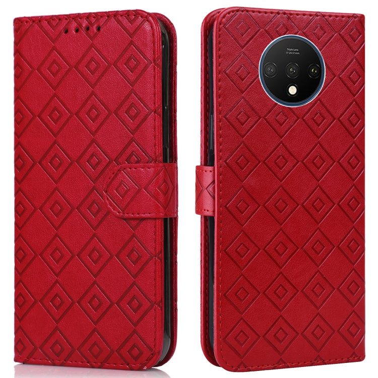 For OnePlus 7T Embossed Big Small Concentric Squares Pattern Horizontal Flip Leather Case with Card Slot & Holder & Wallet