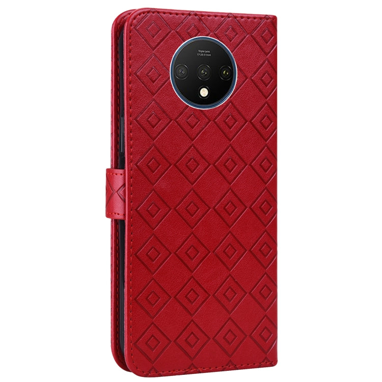 For OnePlus 7T Embossed Big Small Concentric Squares Pattern Horizontal Flip Leather Case with Card Slot & Holder & Wallet