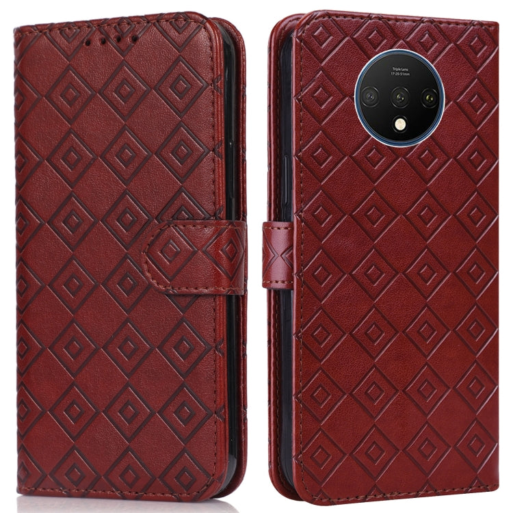 For OnePlus 7T Embossed Big Small Concentric Squares Pattern Horizontal Flip Leather Case with Card Slot & Holder & Wallet