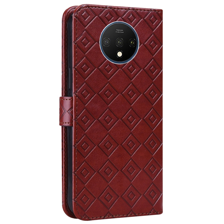 For OnePlus 7T Embossed Big Small Concentric Squares Pattern Horizontal Flip Leather Case with Card Slot & Holder & Wallet