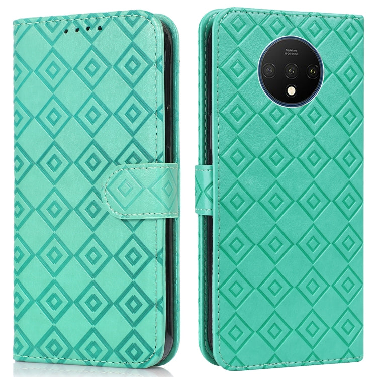 For OnePlus 7T Embossed Big Small Concentric Squares Pattern Horizontal Flip Leather Case with Card Slot & Holder & Wallet