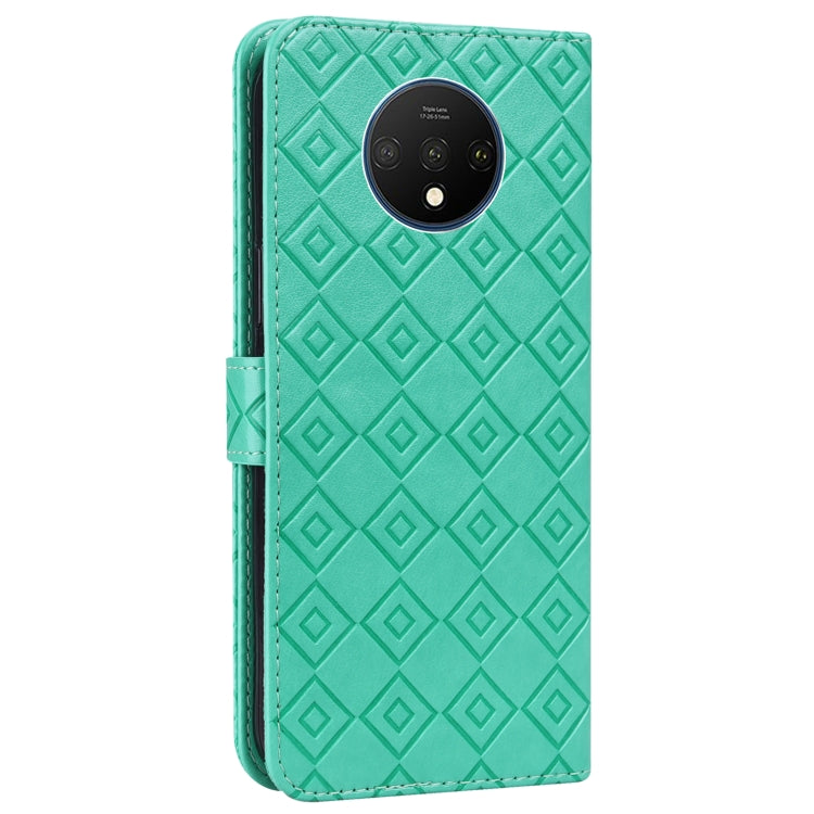 For OnePlus 7T Embossed Big Small Concentric Squares Pattern Horizontal Flip Leather Case with Card Slot & Holder & Wallet