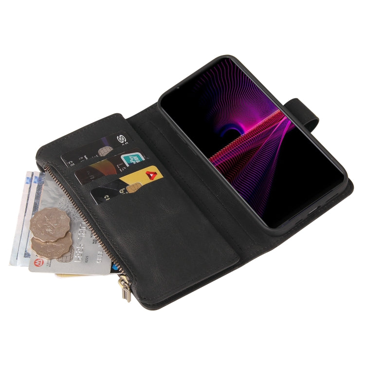 For Sony Xperia 1 III Skin Feel PU + TPU Horizontal Flip Leather Case With Holder & 15 Cards Slot & Wallet & Zipper Pocket & Lanyard
