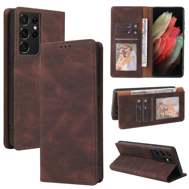 For Samsung Galaxy S21 Ultra 5G Simple Suction Closure Horizontal Flip Leather Case with Holder & Card Slot & Wallet