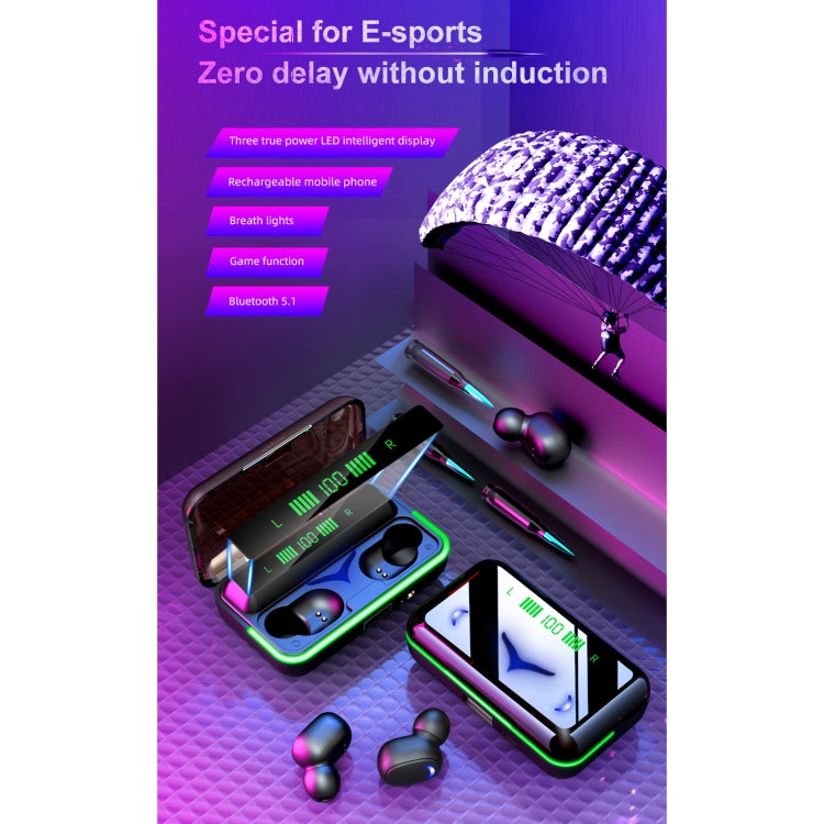 E10 Intelligent Noise Reduction E-sports Gaming Bluetooth Earphone with Three-screen Battery Display Charging Box, Support Siri & Power Bank