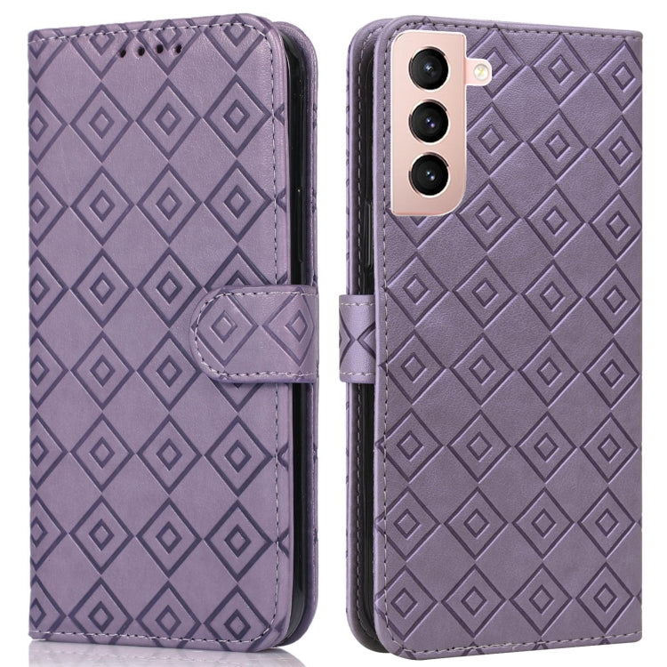 For Samsung Galaxy S21 5G Embossed Big Small Concentric Squares Pattern Horizontal Flip Leather Case with Card Slot & Holder & Wallet