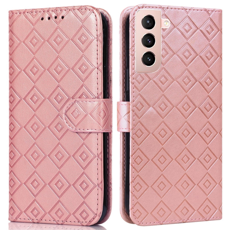 For Samsung Galaxy S21 5G Embossed Big Small Concentric Squares Pattern Horizontal Flip Leather Case with Card Slot & Holder & Wallet