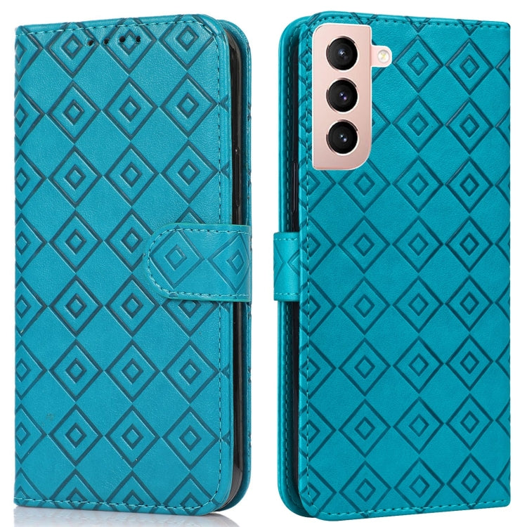 For Samsung Galaxy S21 5G Embossed Big Small Concentric Squares Pattern Horizontal Flip Leather Case with Card Slot & Holder & Wallet