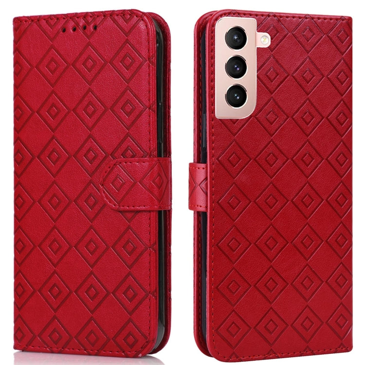 For Samsung Galaxy S21 5G Embossed Big Small Concentric Squares Pattern Horizontal Flip Leather Case with Card Slot & Holder & Wallet