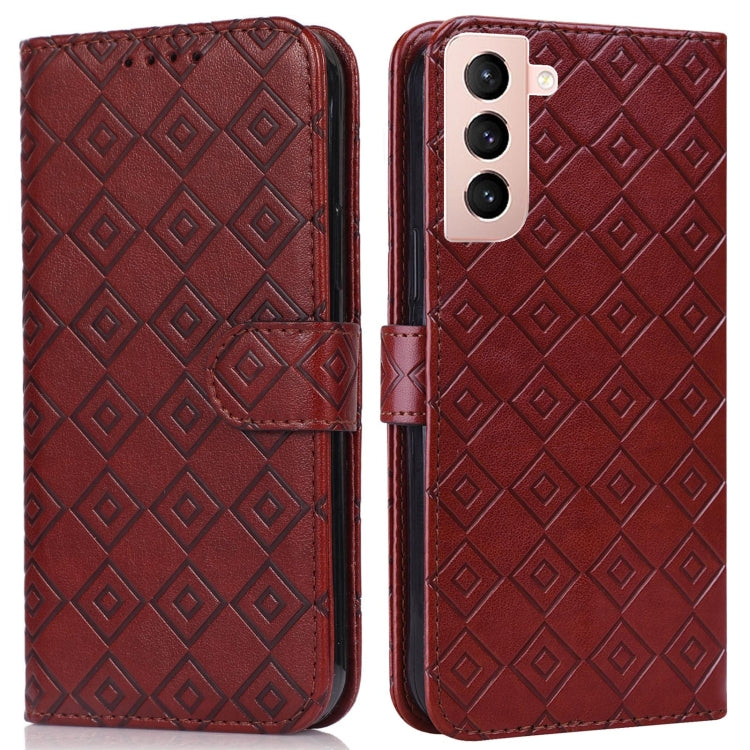 For Samsung Galaxy S21 5G Embossed Big Small Concentric Squares Pattern Horizontal Flip Leather Case with Card Slot & Holder & Wallet