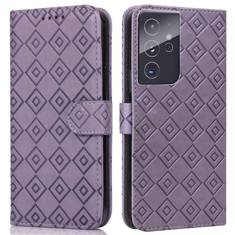 For Samsung Galaxy S21 Ultra 5G Embossed Big Small Concentric Squares Pattern Horizontal Flip Leather Case with Card Slot & Holder & Wallet