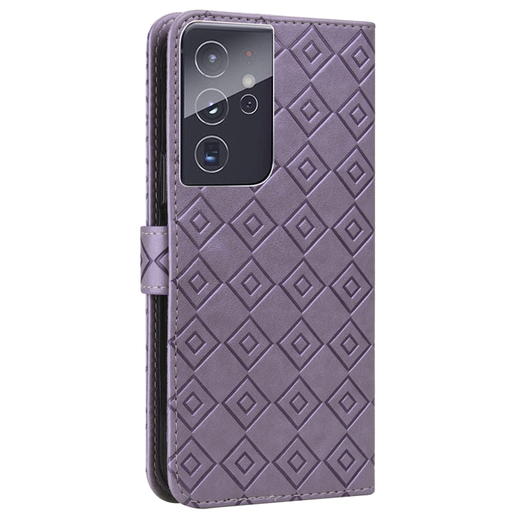 For Samsung Galaxy S21 Ultra 5G Embossed Big Small Concentric Squares Pattern Horizontal Flip Leather Case with Card Slot & Holder & Wallet