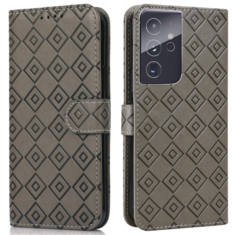 For Samsung Galaxy S21 Ultra 5G Embossed Big Small Concentric Squares Pattern Horizontal Flip Leather Case with Card Slot & Holder & Wallet